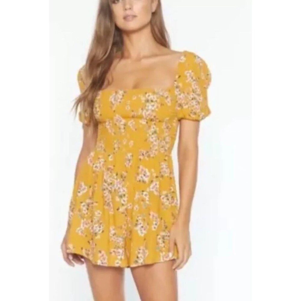 FLYNN SKYE Justine Romper XS Floral Print Square Neck Mustard Yellow EUC B79